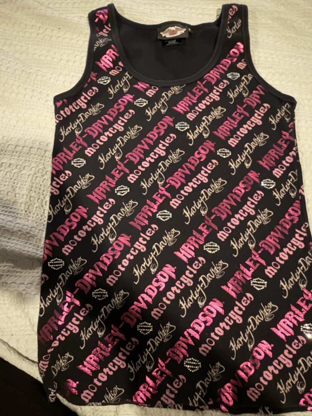 Harley-Davidson Black Tank with Pink & White Logo Pattern